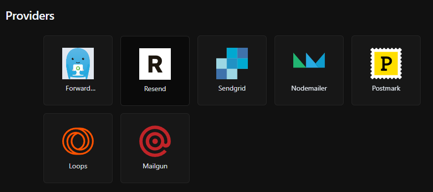 The image displays a dark-themed interface showing various email service providers. The providers are represented with their logos, including Forward, Resend, Sendgrid, Nodemailer, Postmark, Loops, and Mailgun. Each logo is enclosed in a rounded square with a dark background.