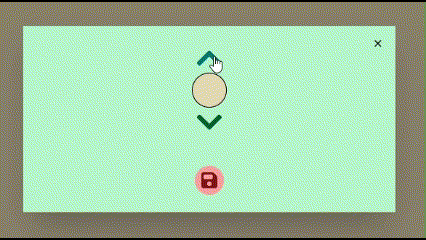 A light green rectangular modal window is centered on a light brown background. Inside the modal, a circle displaying a selected color is displayed vertically between a dark green upward-pointing arrow above it and a dark green downward-pointing arrow below it. The cursor is clicking the up arrow to cycle through several different colors available for selection. Below the arrows and number, there is a red circular icon containing a stylized image of a floppy disk. A black "X" close button is located in the upper right corner of the modal.