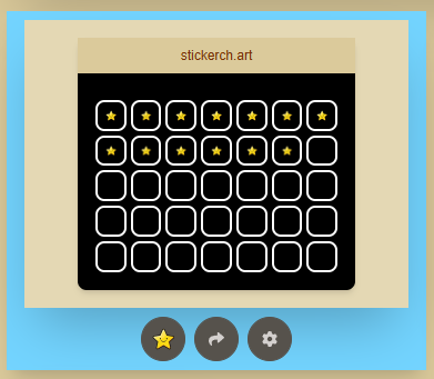A digital sticker grid from the website "stickerch.art" shows a black rectangular grid with 6 rows and 8 columns of white-outlined squares. The top two rows are partially filled with yellow star stickers. Below the grid are three circular buttons: a yellow star, a refresh icon, and a settings gear icon. The interface has a beige and blue background.